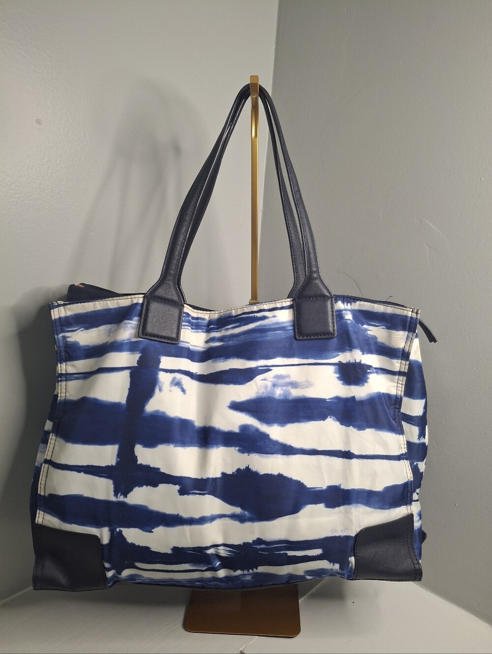Tory Burch Ella Nylon Tote Bag Navy White Stripe Foldable Travel Bag - Picture 2 of 12